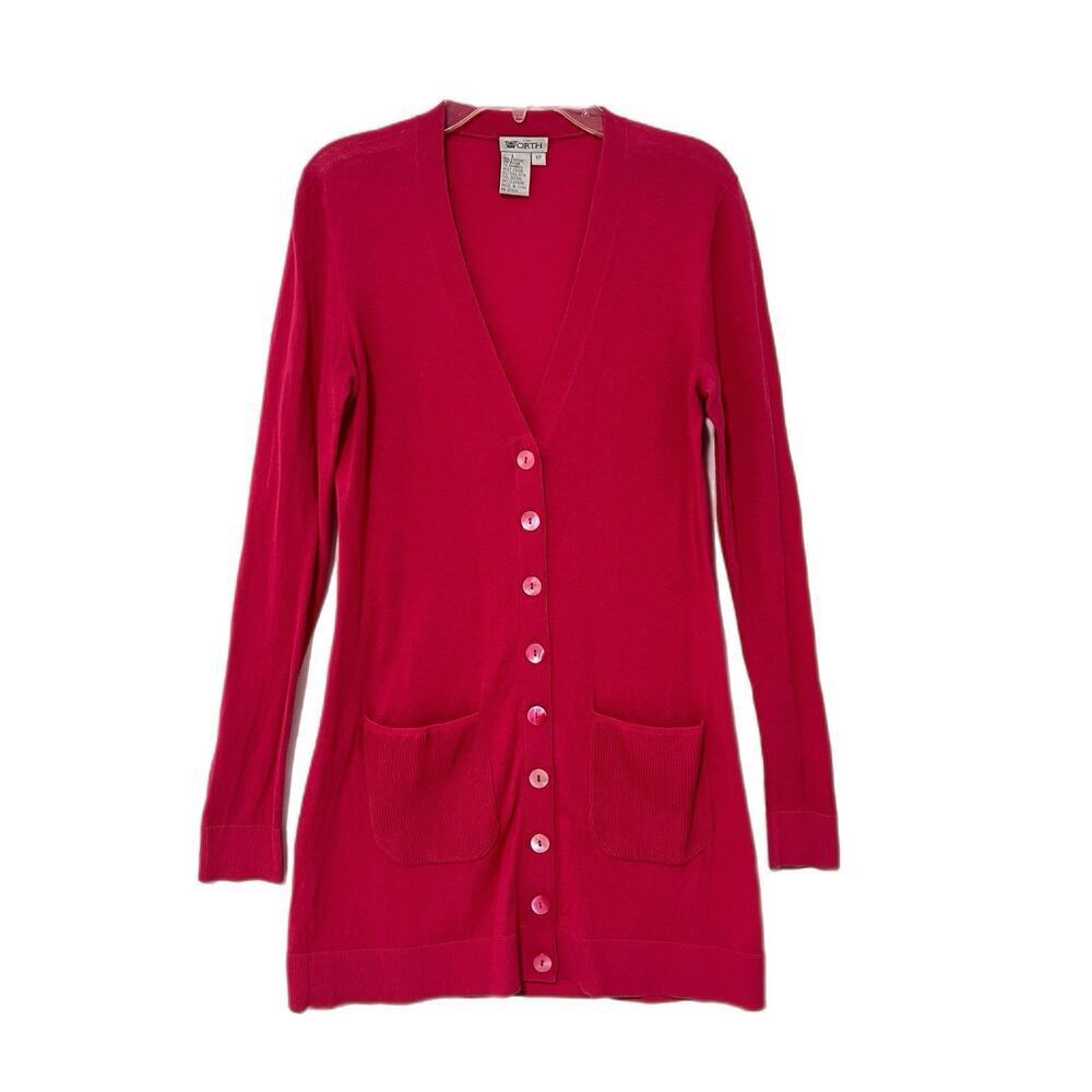 Worth Cardigan Women XS Pink Cotton Long Line Duster ButtonFront Classic Preppy